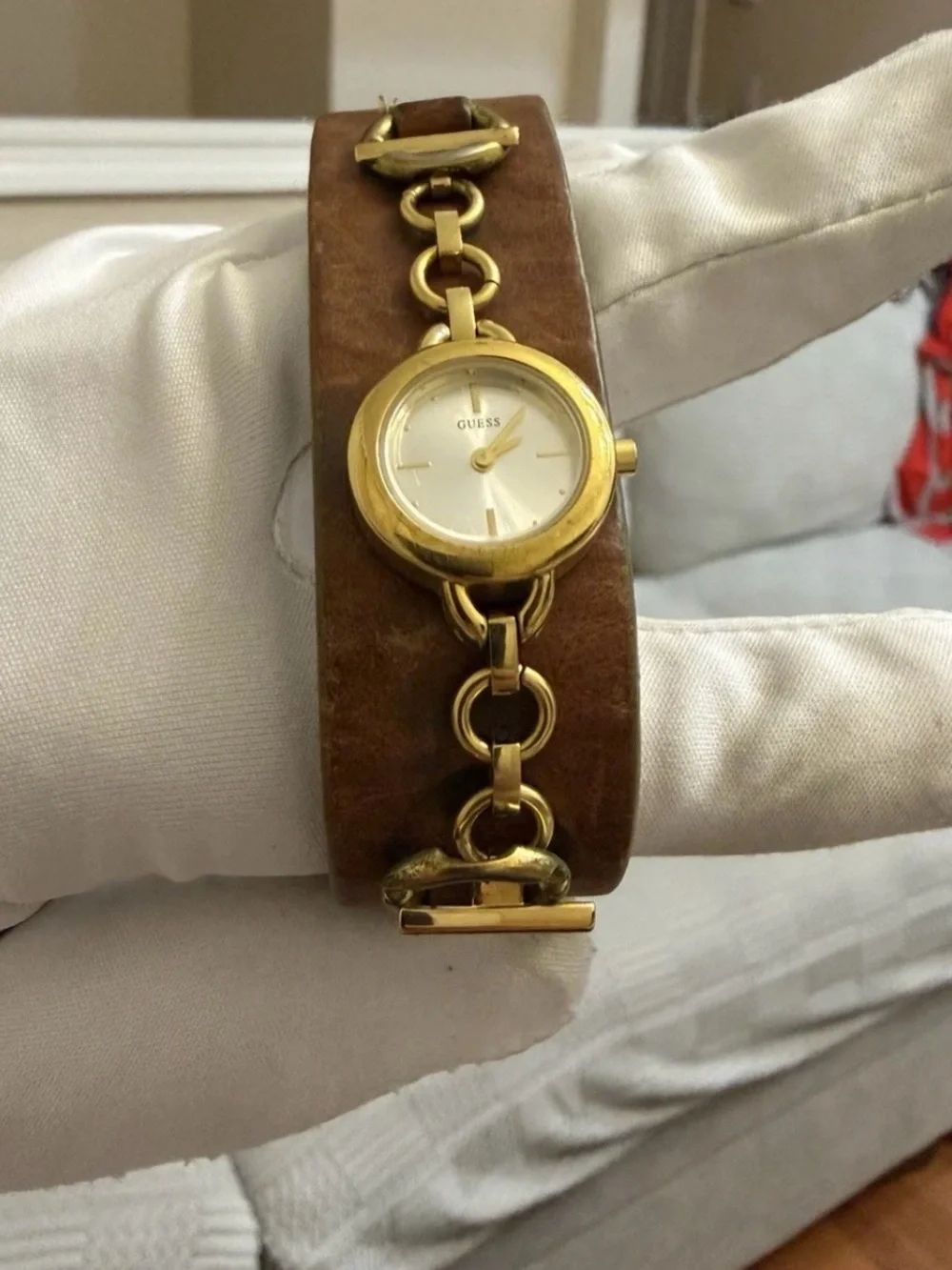 Vintage GUESS Women's Gold Tone Chain Link Leather Cuff Watch